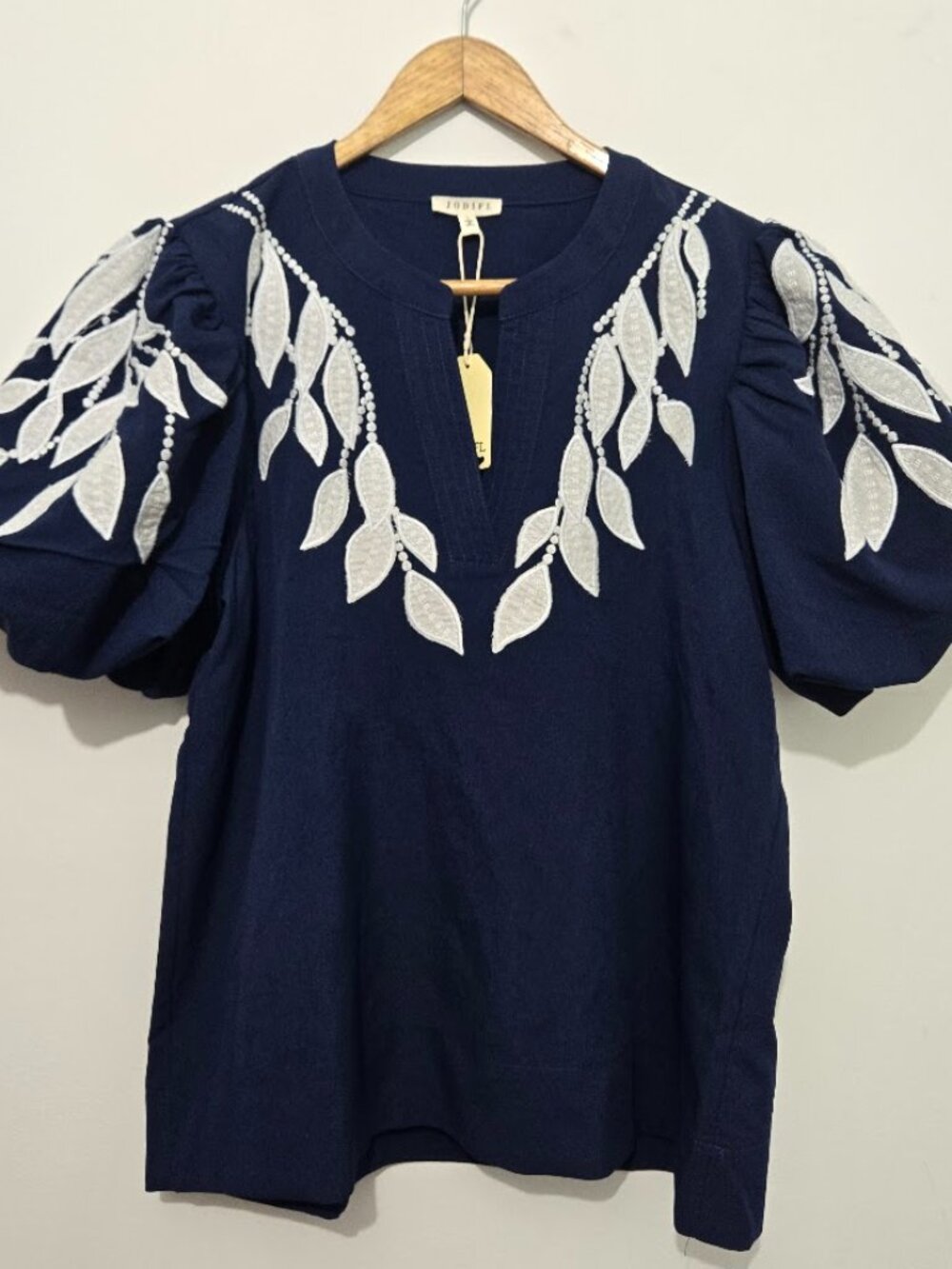 NWT Jodifl Navy Blue Leaf Embroidered Puff Sleeve Top Sz S Boho Festival Coastal